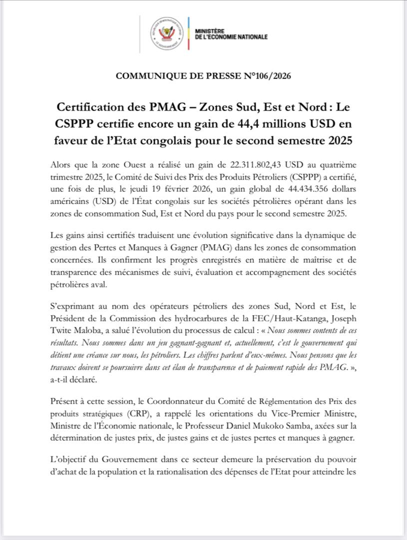 Pertes et Manques à Gagner : 2025, l&rsquo;Etat congolais encaisse 44.434.356$