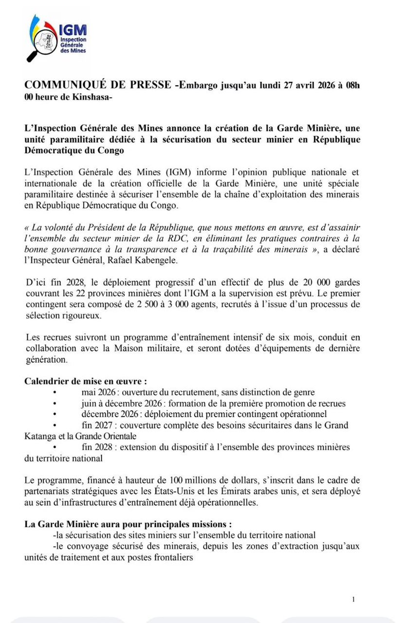 RDC : l’Inspection Générale des Mines vise 2 000 à 3 000 gardes paramilitaires pour une industrie extractive durable