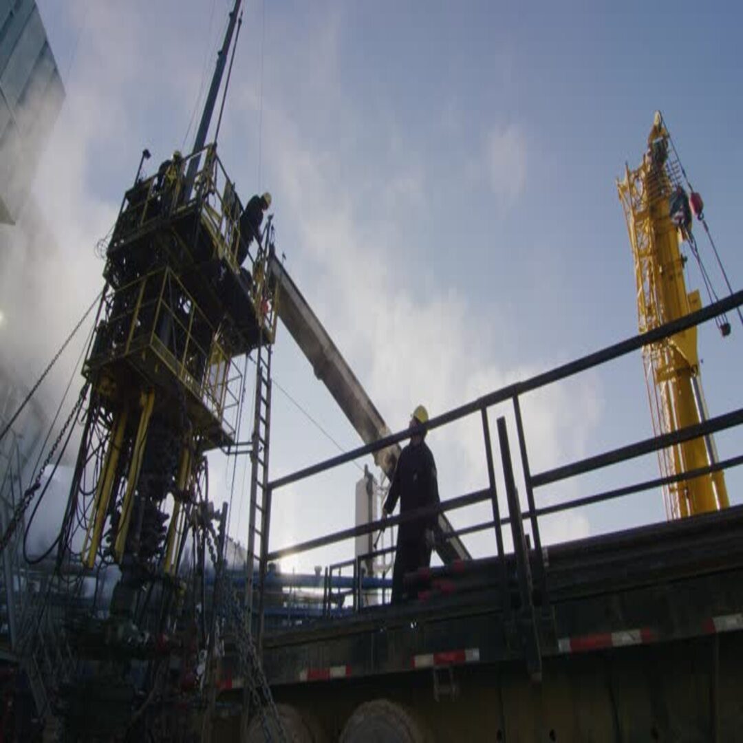 Slow Motion Shot of Oilfield Workers Rigging Up Drilling Pipe on a Tall, Metal Platform at an Oil and Gas Drilling Pad Site on a Cold, Winter Morning